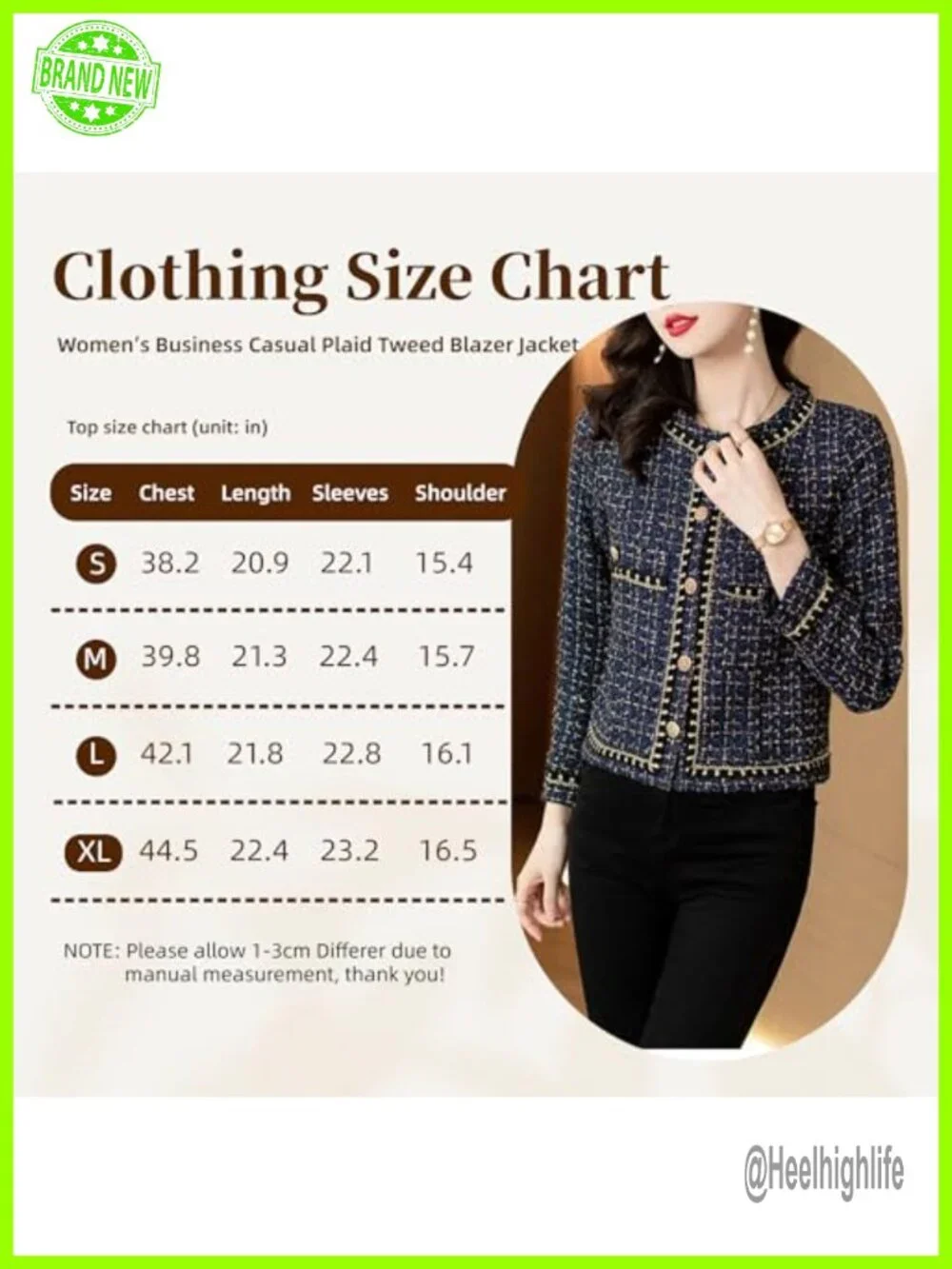 Elegant Tweed Blazer Jacket - Long Sleeve Round Neck Business Casual Short Coat